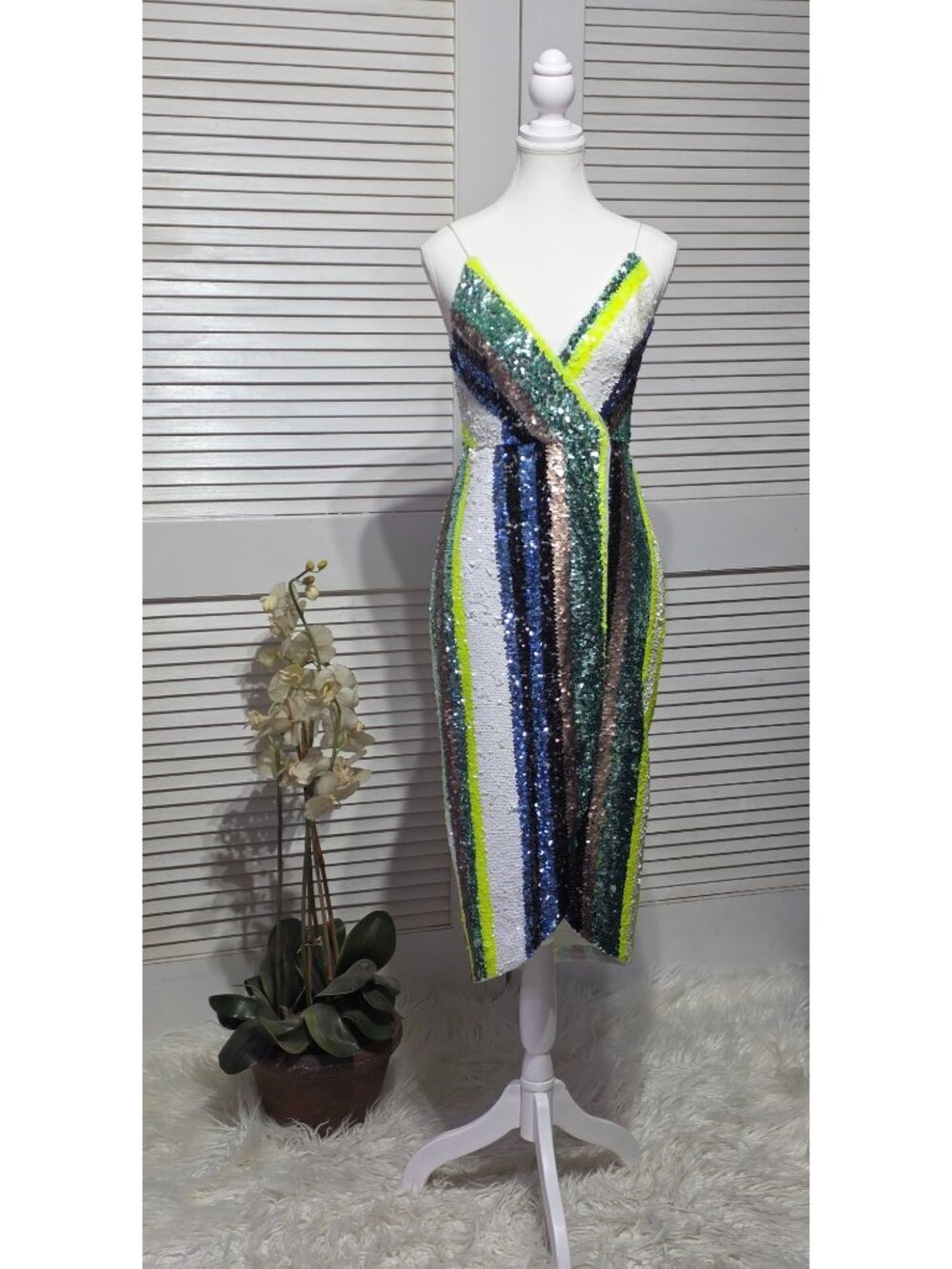 NWOT Aidan Mattox Womens Multi-Color Sequin Striped Midi Wrap Dress Size 4 3698